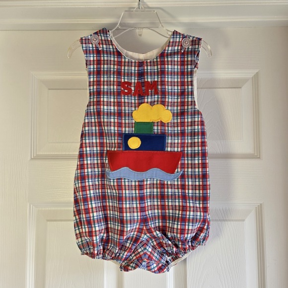 Kelly's Kids Other - Kelly's Kids Monogrammed Sam Plaid Romper Boat Applique Size 3 Vintage One Piece